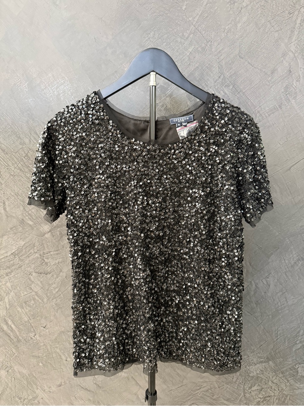NWT Gryphon Black Sequin Short Sleeve Top
